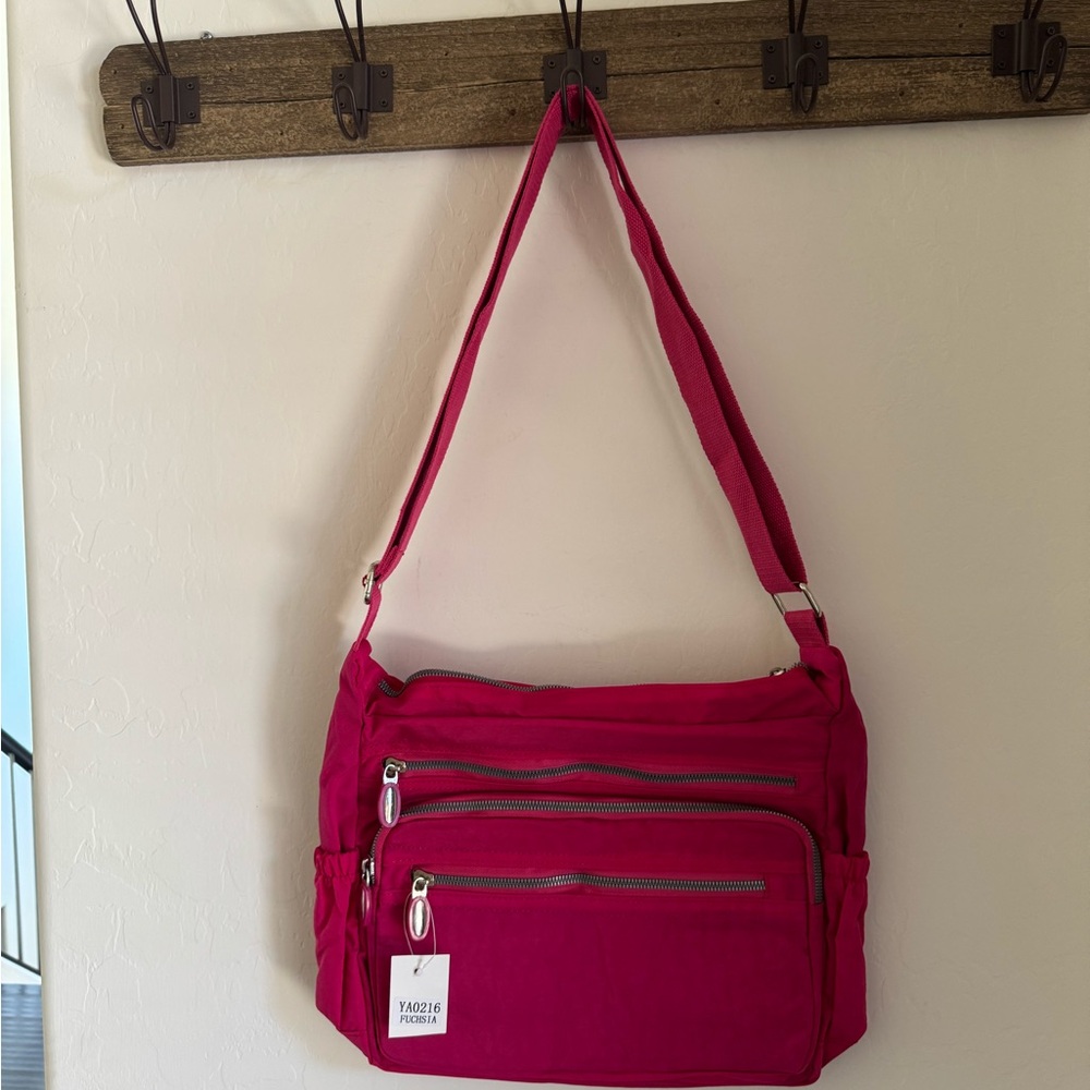 New Pink Nylon Crossbody Purse Bag Pockets Zippers Bright SIDE POCKETS
